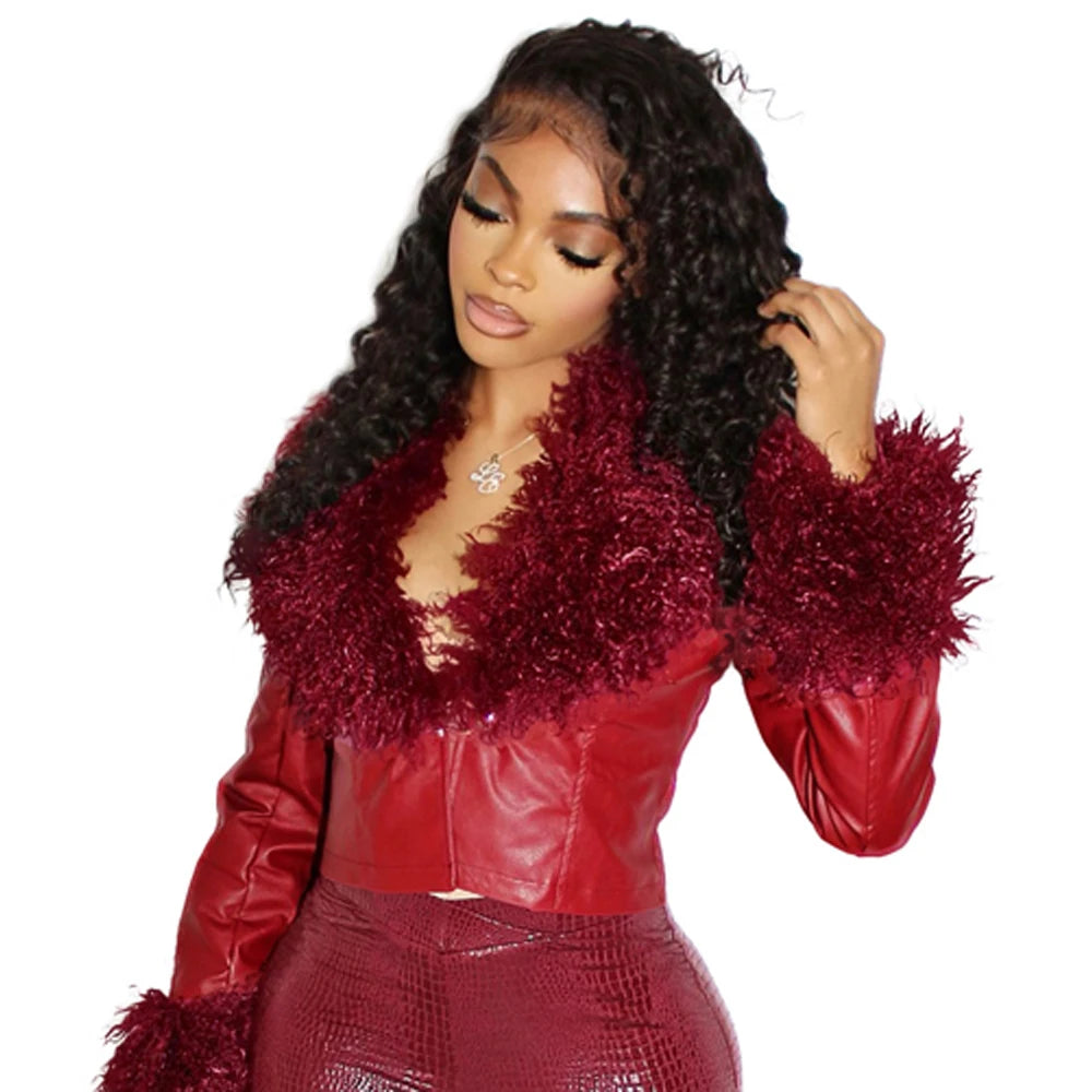 Cropped PU Leather Jacket with Faux Fur Collar