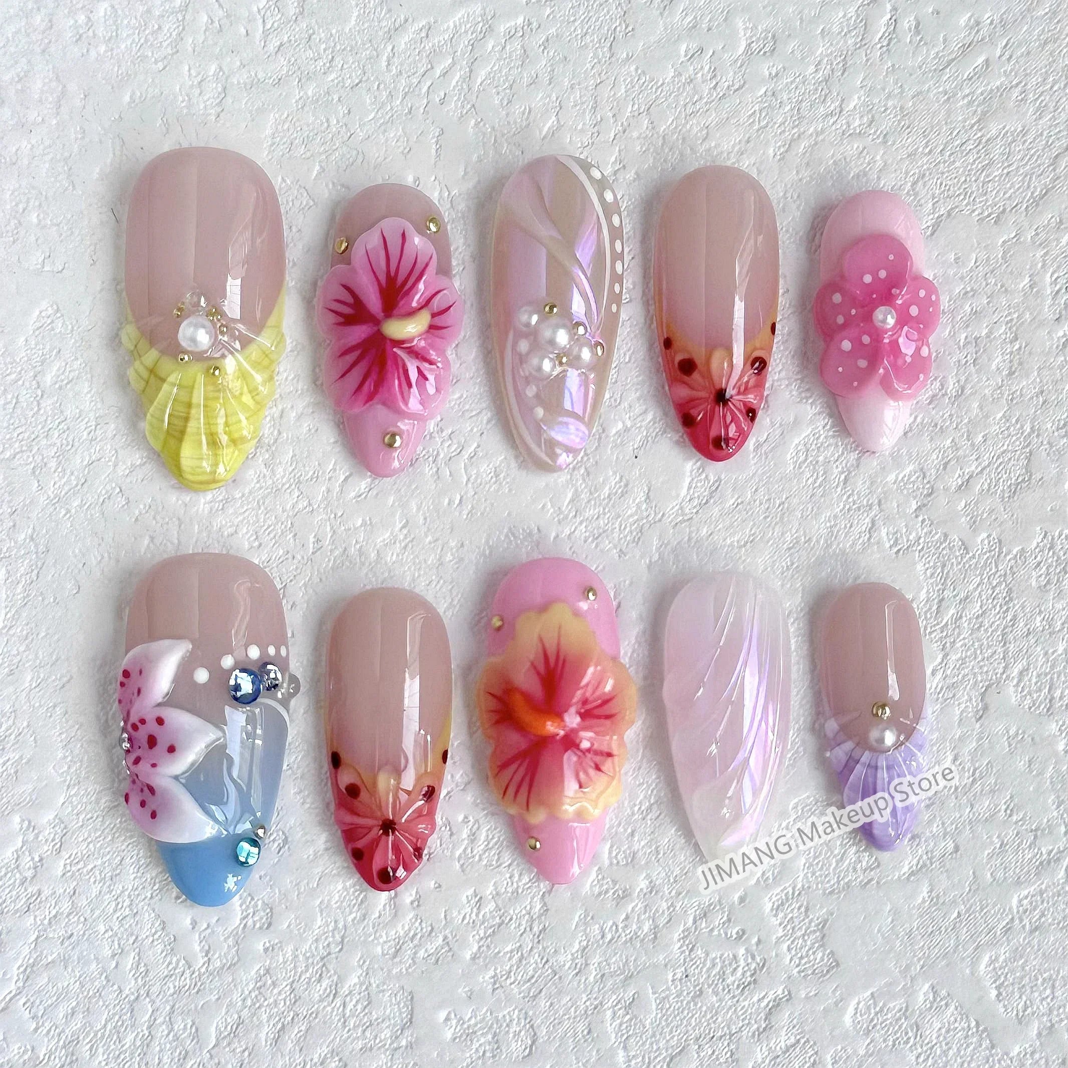 Handmade 3D Flower Press On Nails Reusable Short  Almond False Nails Artificial Fake Nail With Glue Gift Full Cover Nail Tips