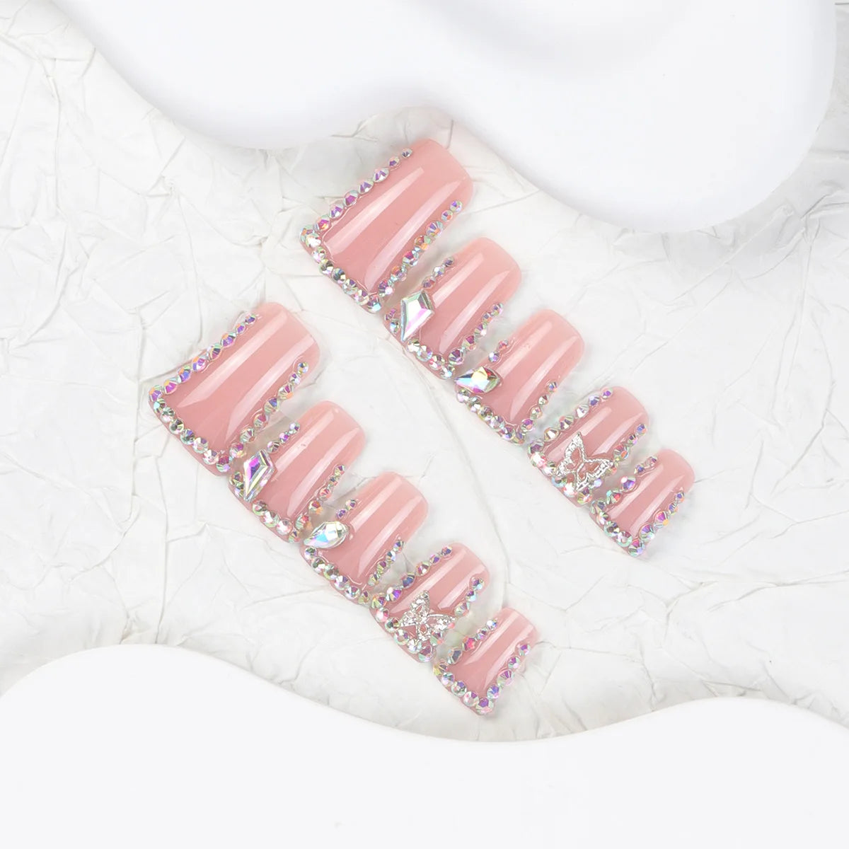 24 Pieces Nude Sparkling Diamond French Duckbill False Nails Press-On Tips Wearable Model Style False Nails