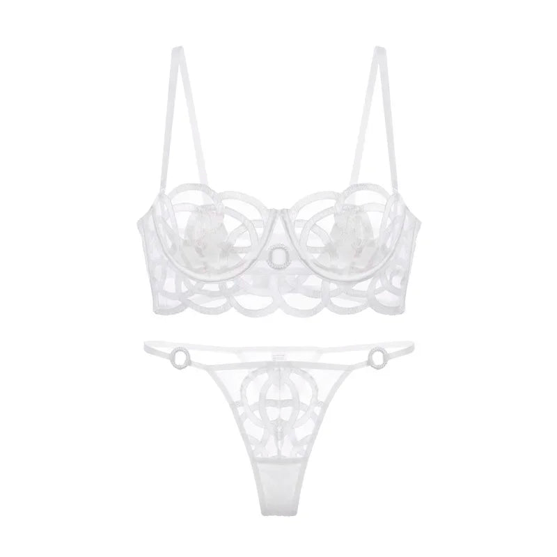 Sexy thin lace bra women underwear thong set transparent large breasts show small embroidered underwiren push up lingerie