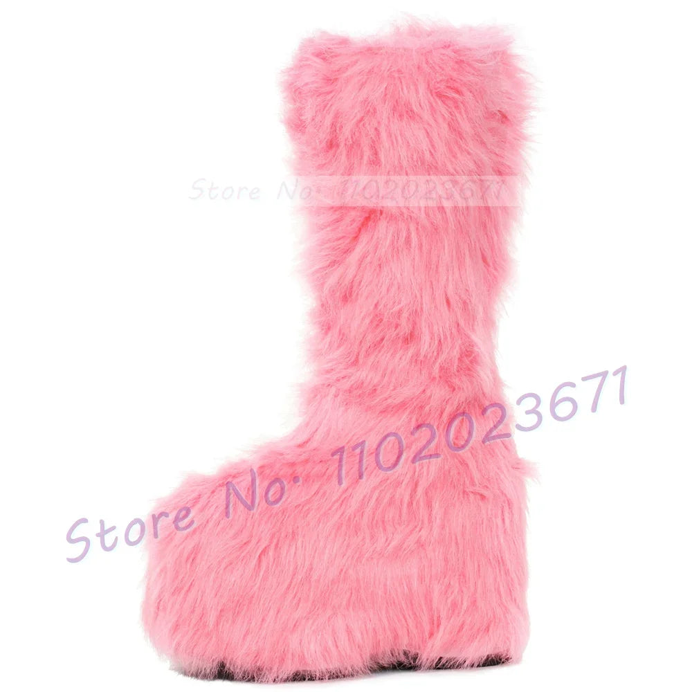 Chunky Heel Platform Tall Boots With Fur Women Fashion Winter Warm Furry Shoes Girl's Lovely Festival Side-zip Knee High Boots