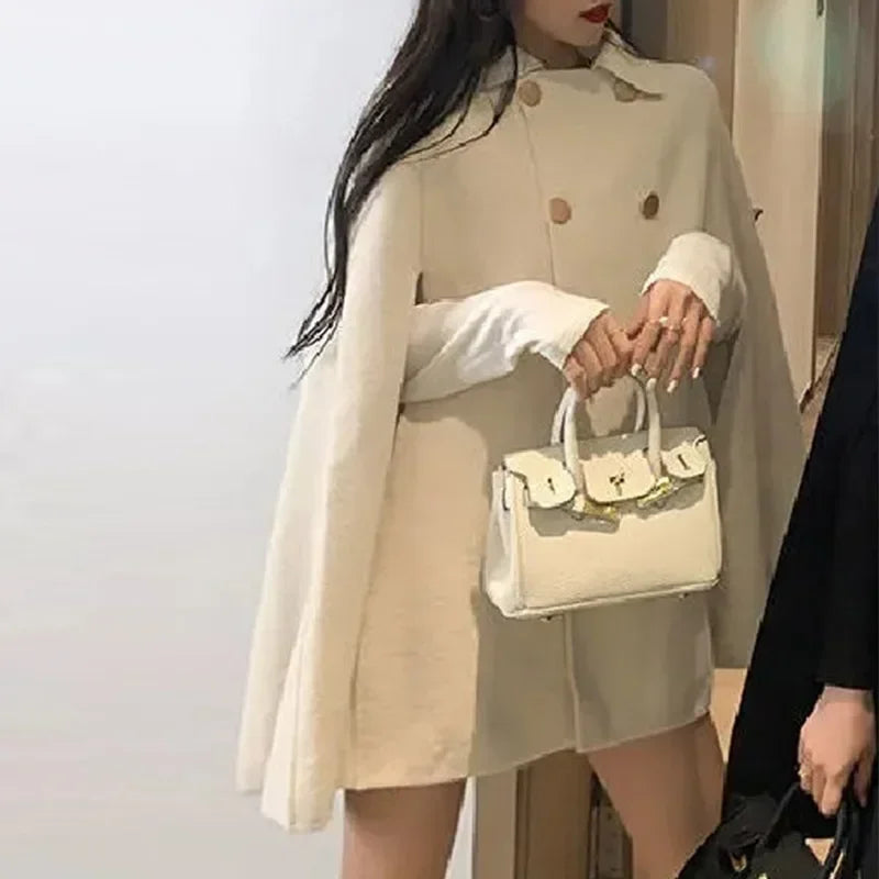 Double Breasted Women Cape Coat Faux Woolen Loose Solid Female Overcoat 2024 Fashion Spring Poncho Elegant Lapel Lady Jacket