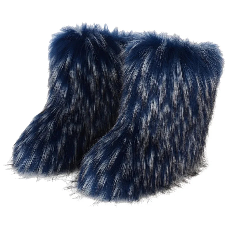 New Winter Faux Fur Onepiece Raccoon Fur Female Snow Boots Fur Shoes Outdoor Mid Leg Boots