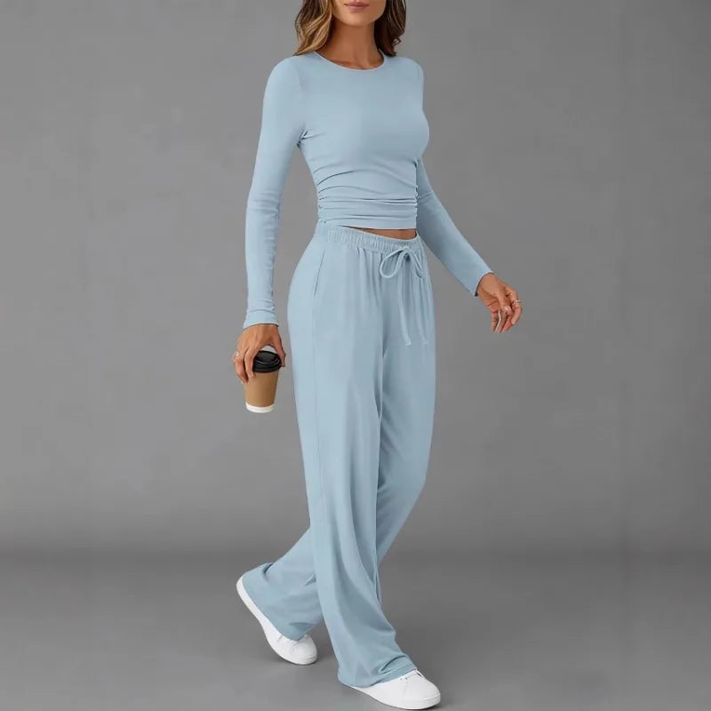 Women's Clothing European American Fashion Casual Sports Autumn Winter Solid Color Drawstring Long-sleeved Suit Pant Sets