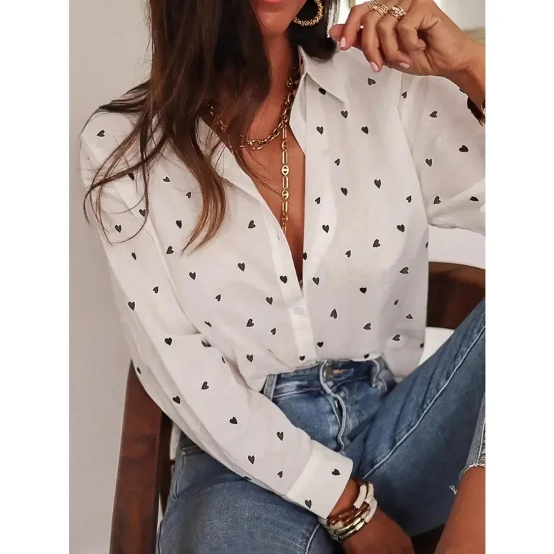 Plus Size Polka Dot Lapel Long Sleeve Blouse