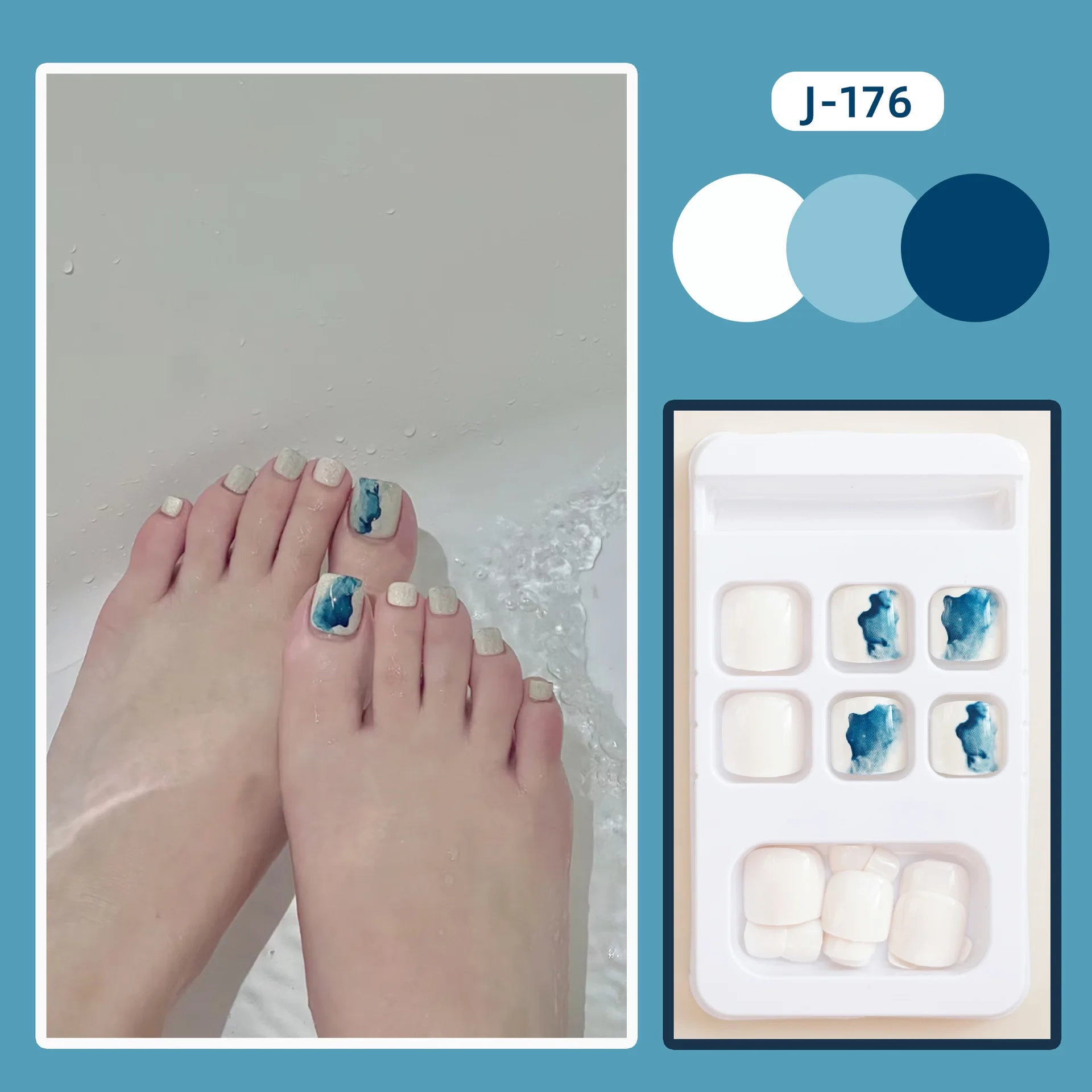24Ps Glossy Lake Blue Press on Toe Nails Artificial Acrylic Fake Toenails Full Coverage Removable Wearable Toe Nail Art Finished