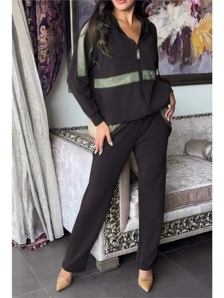 Autumn Winter Long Sleeved Hoodie Pants Women 2 Piece Set Fashion Patchwork Zipper Hoodie Casual Pocket Pants Sports Suit Female