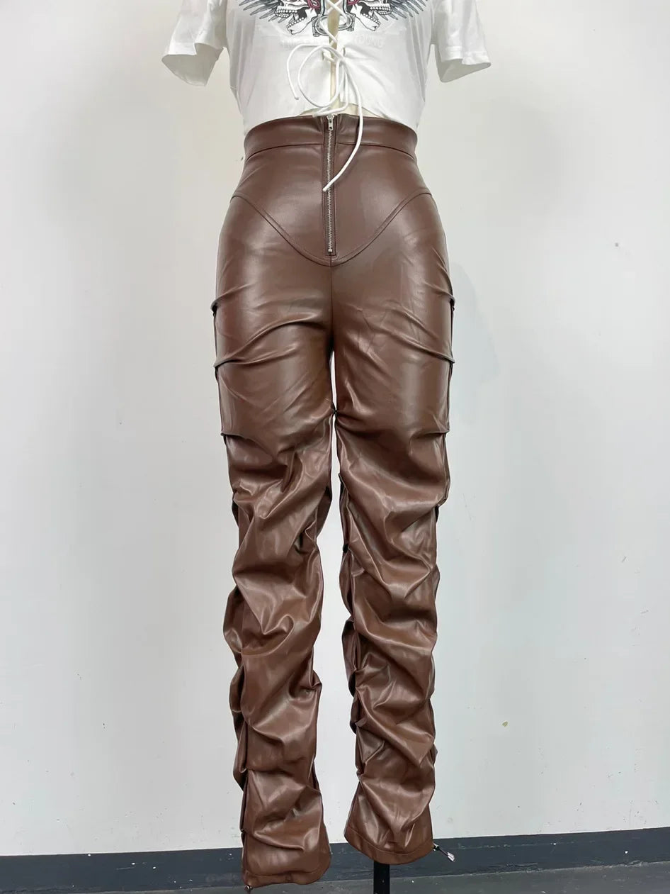 Women's Pants Wholesale Items High Waist Pu Leather Black Wide Leg Pants for Women Casual Fashion Loose Streetwear Trouser Femme