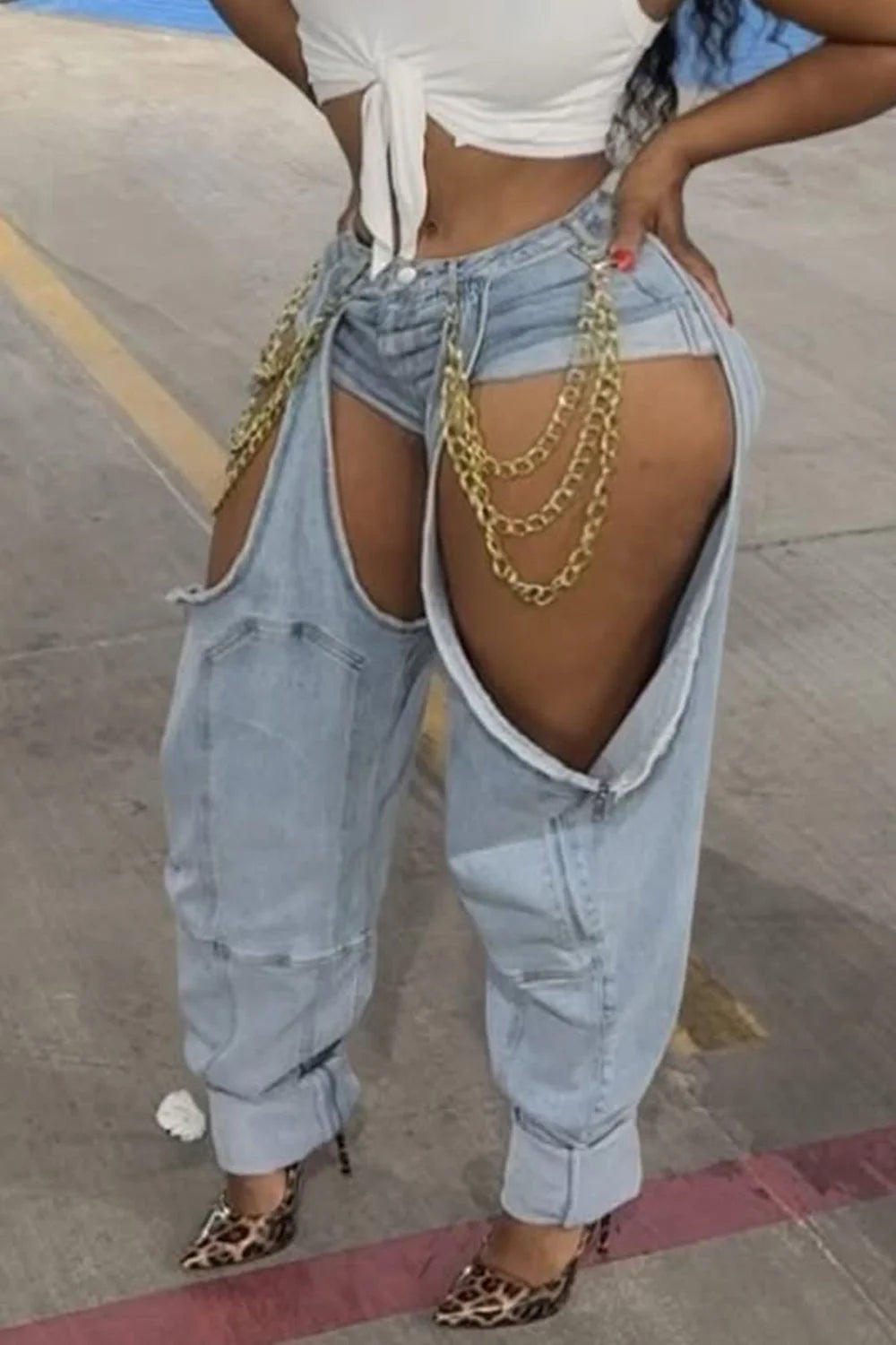 Plus Size Party Blue Casual Cut Out Denim Jeans