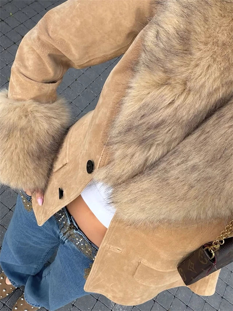 Women's Jacket 2025 New Fashion Autumn Winter Suede Leather Effect Jacket and With Big Fur Collar Casual Chic Women Clothes
