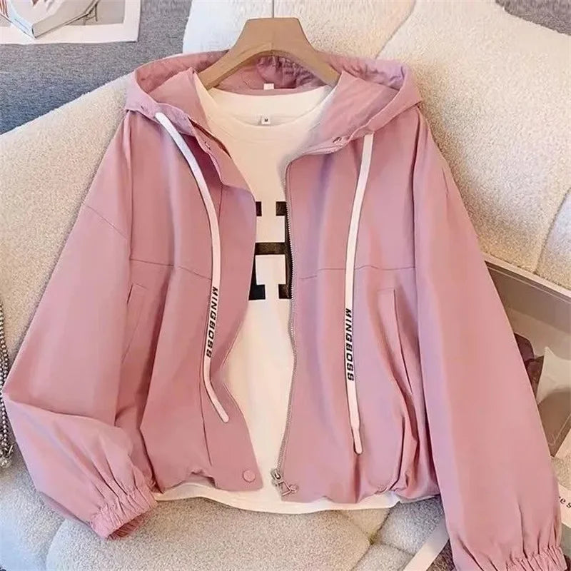 Hooded Jacket Women's Spring Autumn 2025 New Short Long sleeved Coat Female Workwear Loose Casual Versatile Zipper Jackets Top