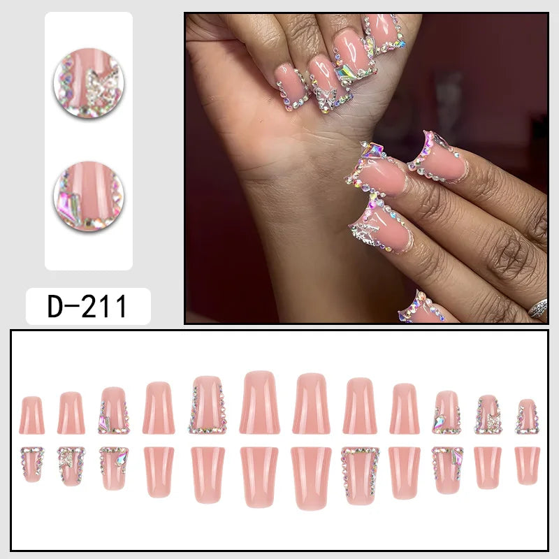 24 Pieces Nude Sparkling Diamond French Duckbill False Nails Press-On Tips Wearable Model Style False Nails