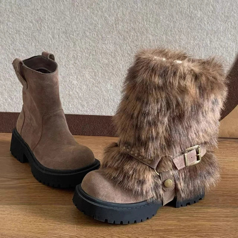 Fur Women Snow Boots Fashion Platform Shoes Warm New Casual Sport Shoes 2025 Winter Sneakers Ankle Boots Walking Mujer Botas