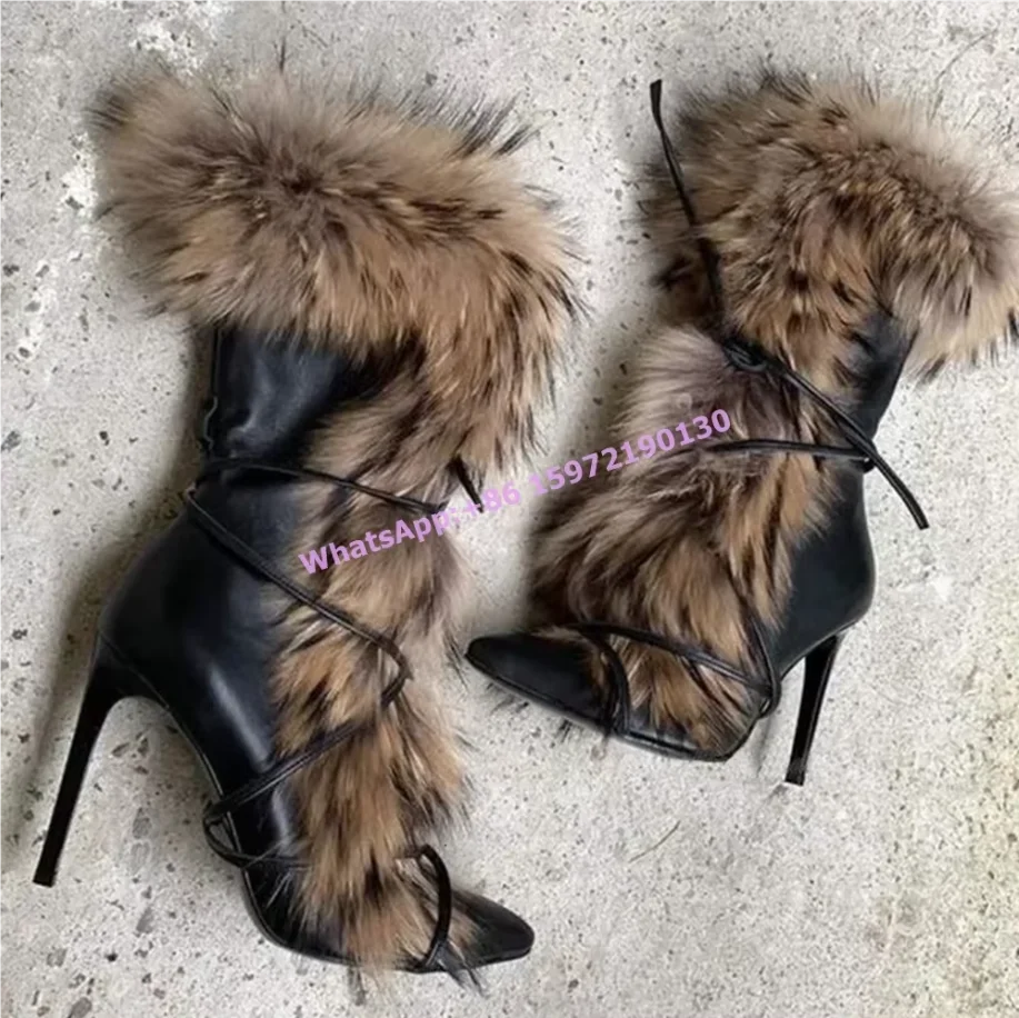 Soft Furry Winter Boots Black Brown Warm Pointy Toe Lace Up Luxury Mid Calf Boots Sexy Fashion Runway Leather Hotties Shoes