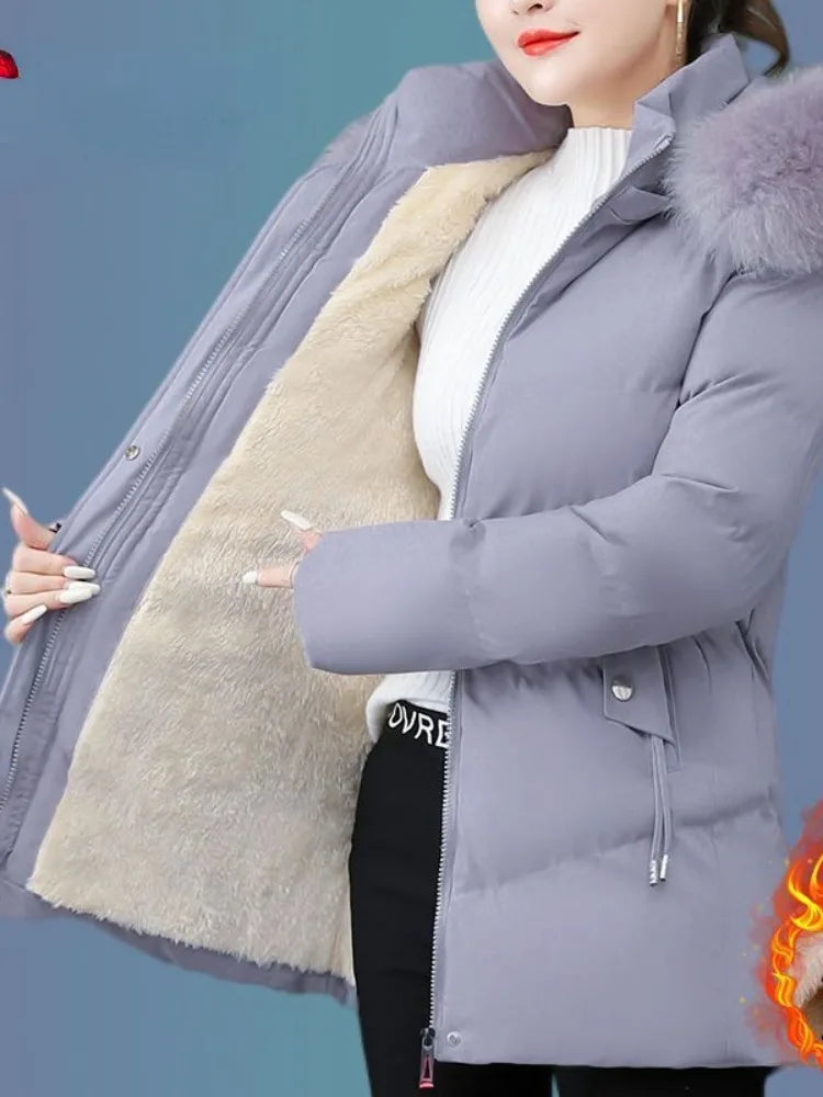 Women's Coat Cotton Coat for Women Mid-length Winter Padded Thickened Warm Removable Collar Hooded Cotton Clothes Zipper Pockets