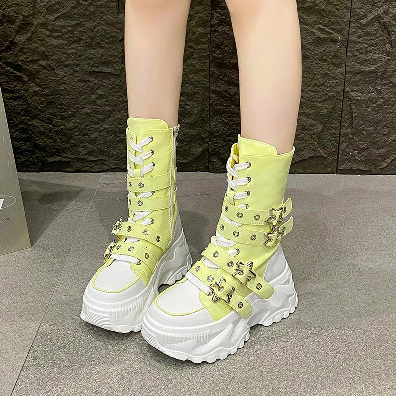 Single Boots Autumn New Round Toe Front Lace-Up Platform Non-Slip Mid-Tubular Boots Size Up To 42
