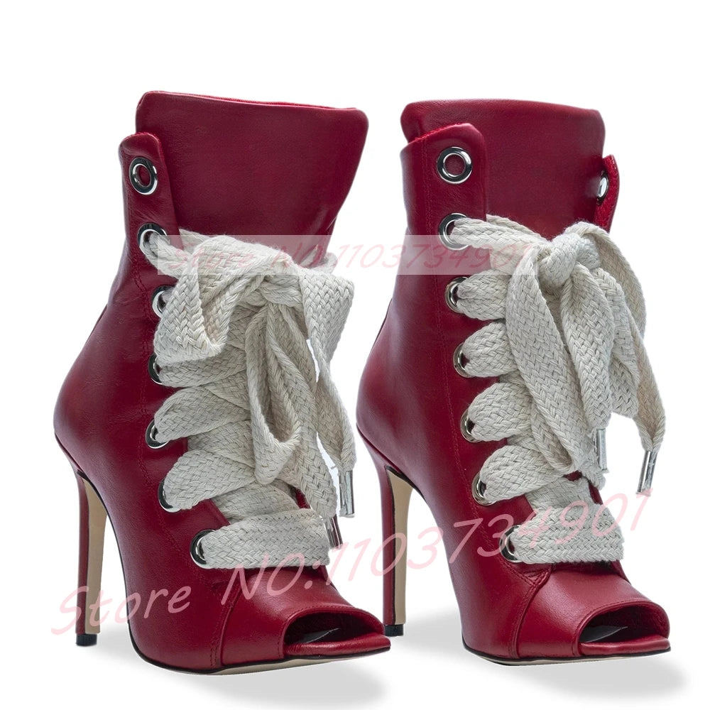 Gold Bold Rope Lace-up Peep Toe Ankle Boots Women High Heels Mixed Colors Boots Ladies Fashion Party & Nightclub Footwear