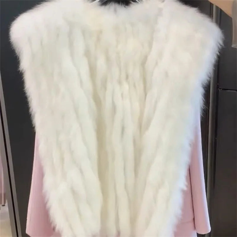Pink Hooded Coat Women's Autumn Winter Belt Popular Woolen Coat 2024 Fur Coat Fragrant Wind High end Lightweight Short Fur Neck