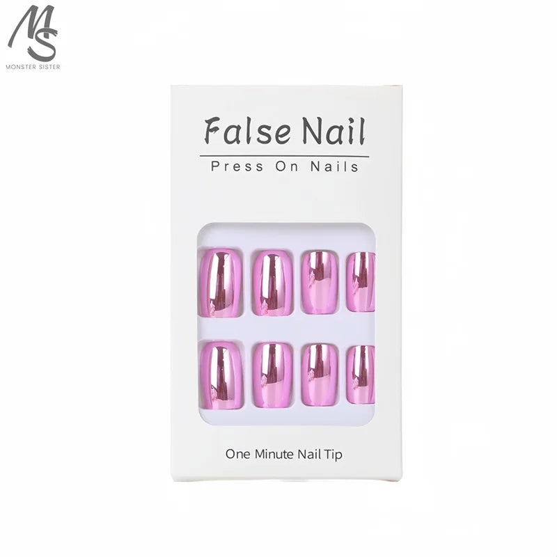 24 Pcs Glossy Fake Nails Press on Chinoiserie Reusable Wearing Nails Light LuxuryIns Gold Silver Pink Short Square Retro Sweet