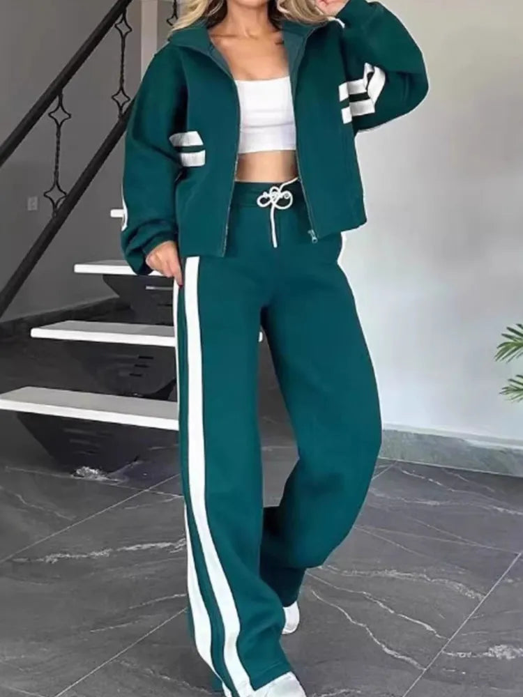 Fashion Striped Hoodie Set For Women Casual Long Sleeve Zip Tops+High Waist Wide Leg Pants 2 Piece Sets Lady Y2k Sports Clothes