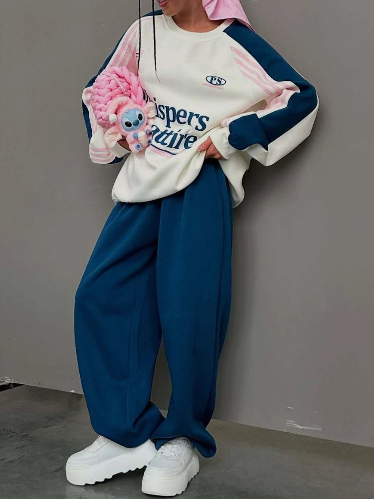 High-end Autumn and Winter Hoodie with Color Block Pants Two-piece Outfit European American 2025 New Arrival Women's Suit Set