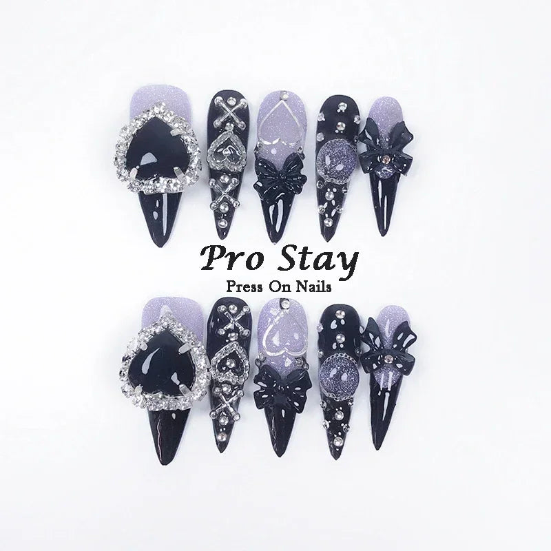 10pcs black Handmade Press On Nails With Purple Large Diamonds and Metal Decoration Y2k Hot Girls Wearable Artificial False Nail