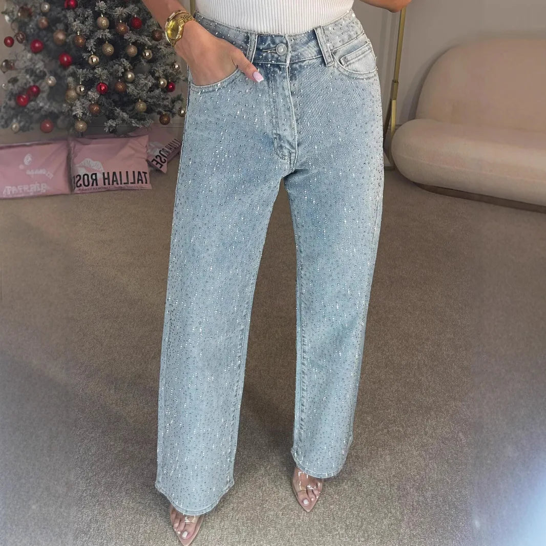 Straight Jeans for Women Diamonds Pants Stretch High Waist Washed Distressed Pockets Vintage Denims Streetwear Female Trousers
