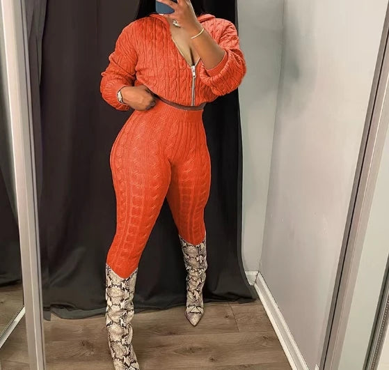 2 Piece Sets Womens Outfits Fashion Long Sleeve Cable Knit Hooded Sweater & Pants Suit Streetwear 2024 Autumn Winter Casual New