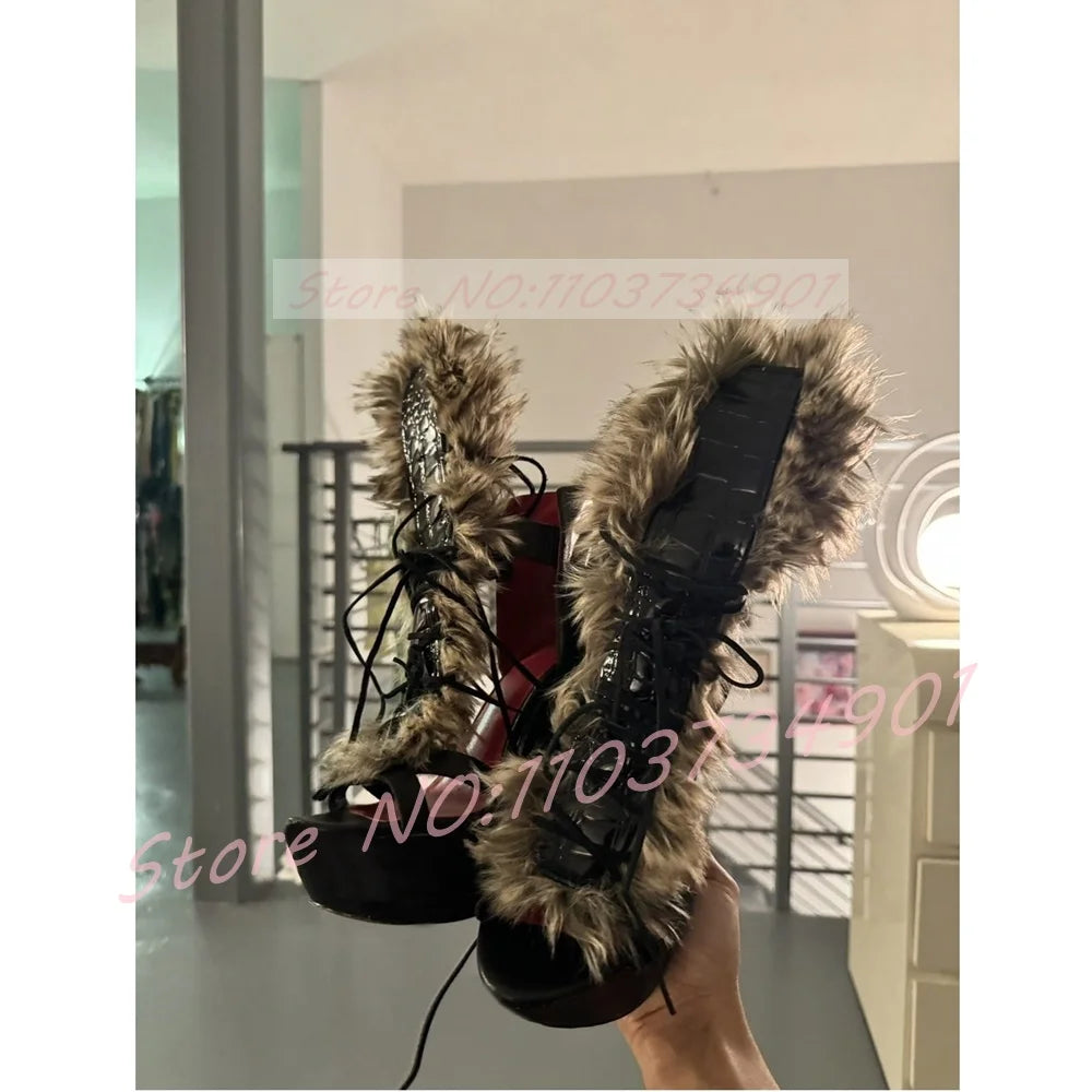Open Toe Fur Sandals Women Cross Strap Platform Stone Pattern Lace-up Stiletto High Heels Shoes Female Party Sexy Luxury Sandals