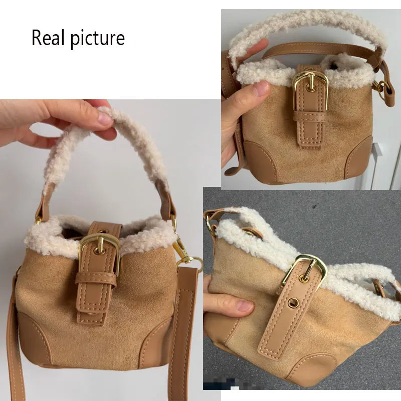 Women's Bags Bucket Shoulder Handbag Autumn Winter Vintage Versatile Lamb Wool Handbag Elegant Fashion Crossbody Bag Wholesale