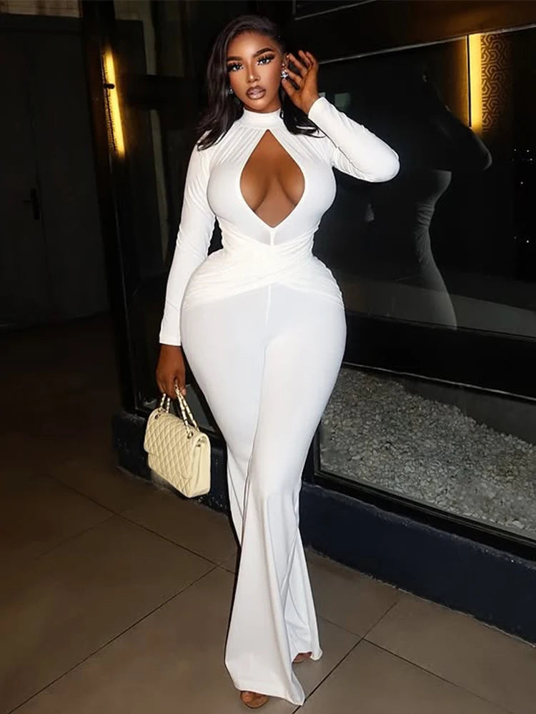 Kliou Sexy Hollow Design Flared Jumpsuits Woman Turtleneck Full Sleeve Skinny Peach Hip Hot Girls Midnight Club Party Overalls