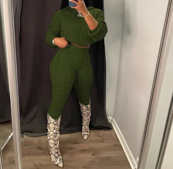 2 Piece Sets Womens Outfits Fashion Long Sleeve Cable Knit Hooded Sweater & Pants Suit Streetwear 2024 Autumn Winter Casual New