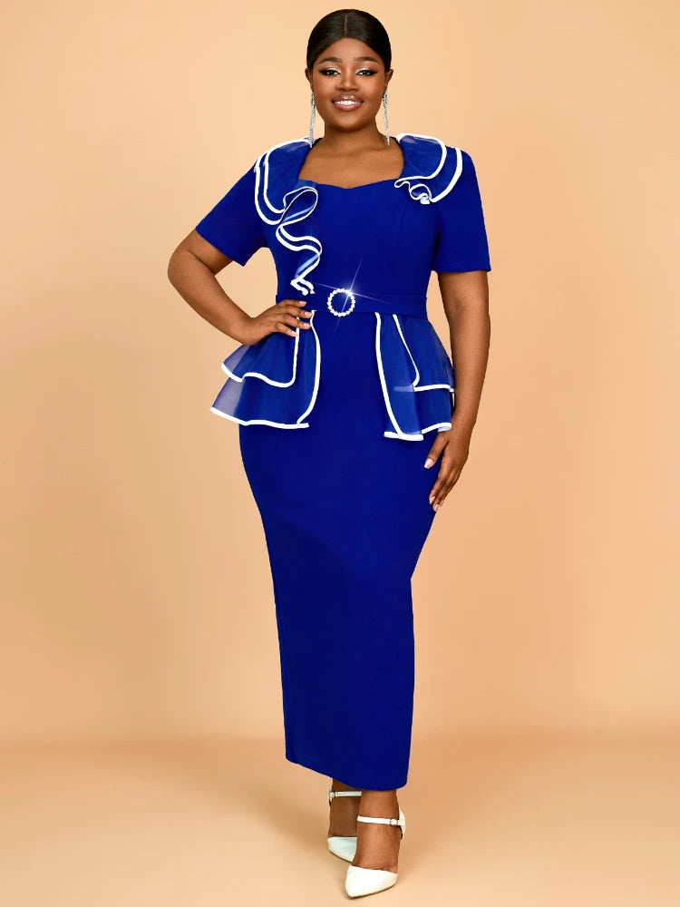 Ruffle Trim Peplum Plus Size Dress for Women with Belted Waist Perfect for Church Weddings Banquets and Formal Special Occasions