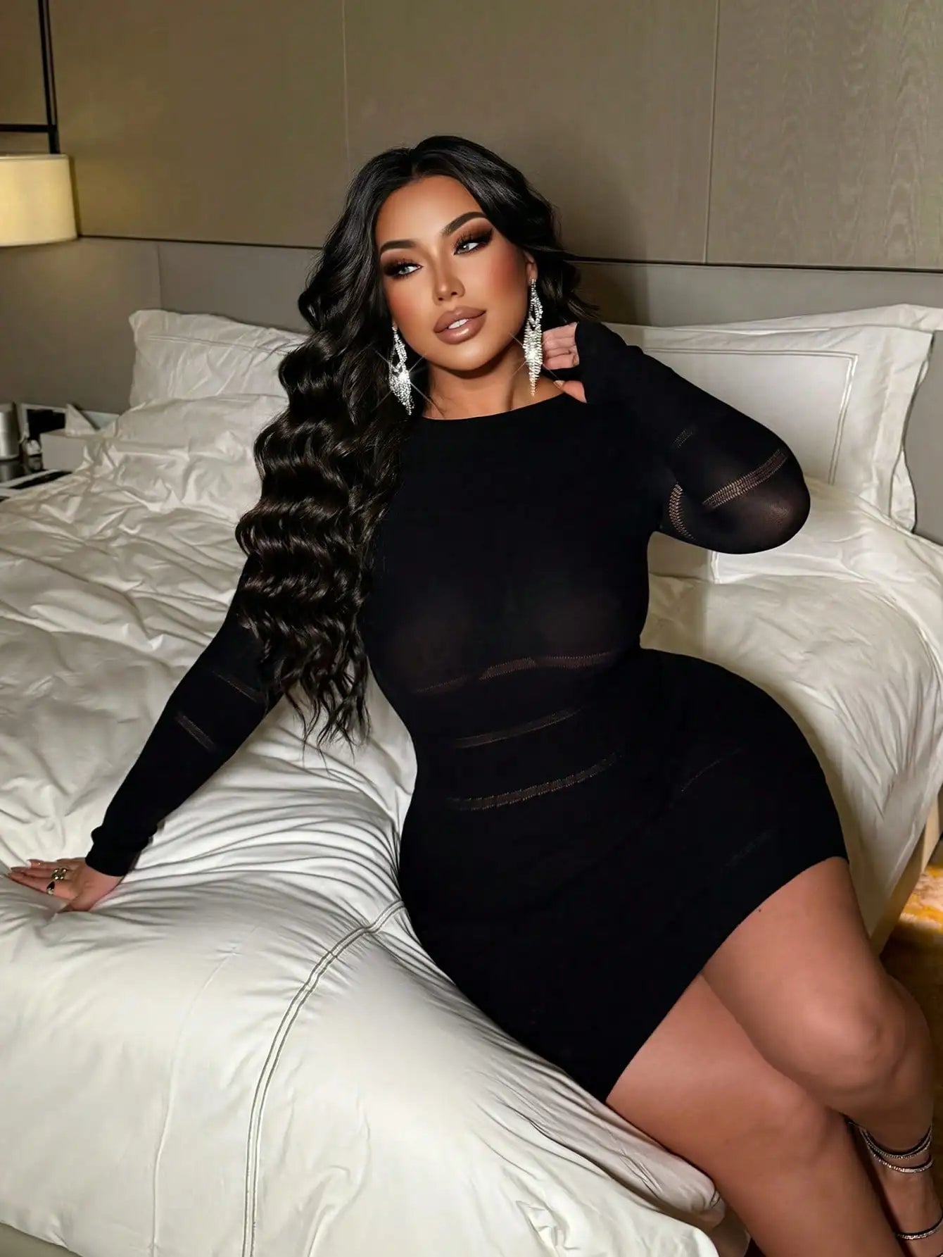 Women's Sexy Dress Solid Color Long-sleeved See-through Mesh Hollow Out Plus-Size Dress