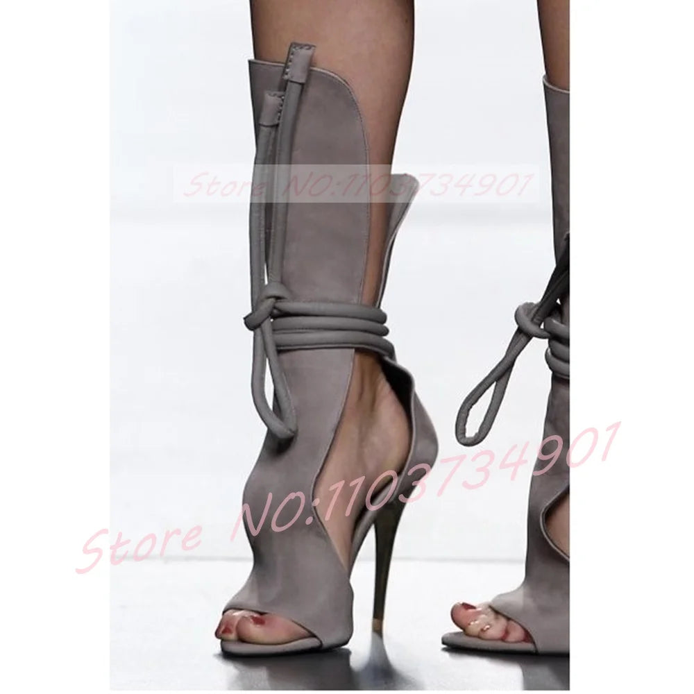 Ankle-Wrap Lace-up Sandals Women Rome Style Pointy Toe Grey Flock High Heels Shoes Ladies Sexy Party Open Toe Stiletto Sandals