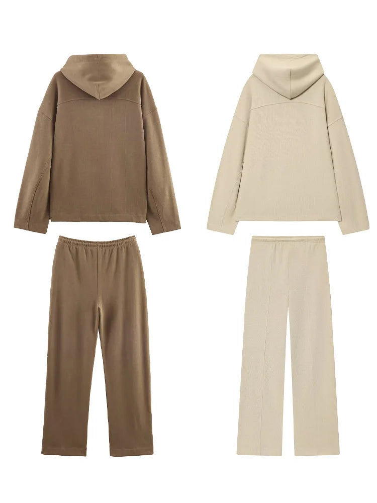 HH Women Pants Suit Autumn Hooded Long Sleeves Casual Loose Hoodie Top+High Waist Drawstr Solid Trousers Fashion 2 Piece Set