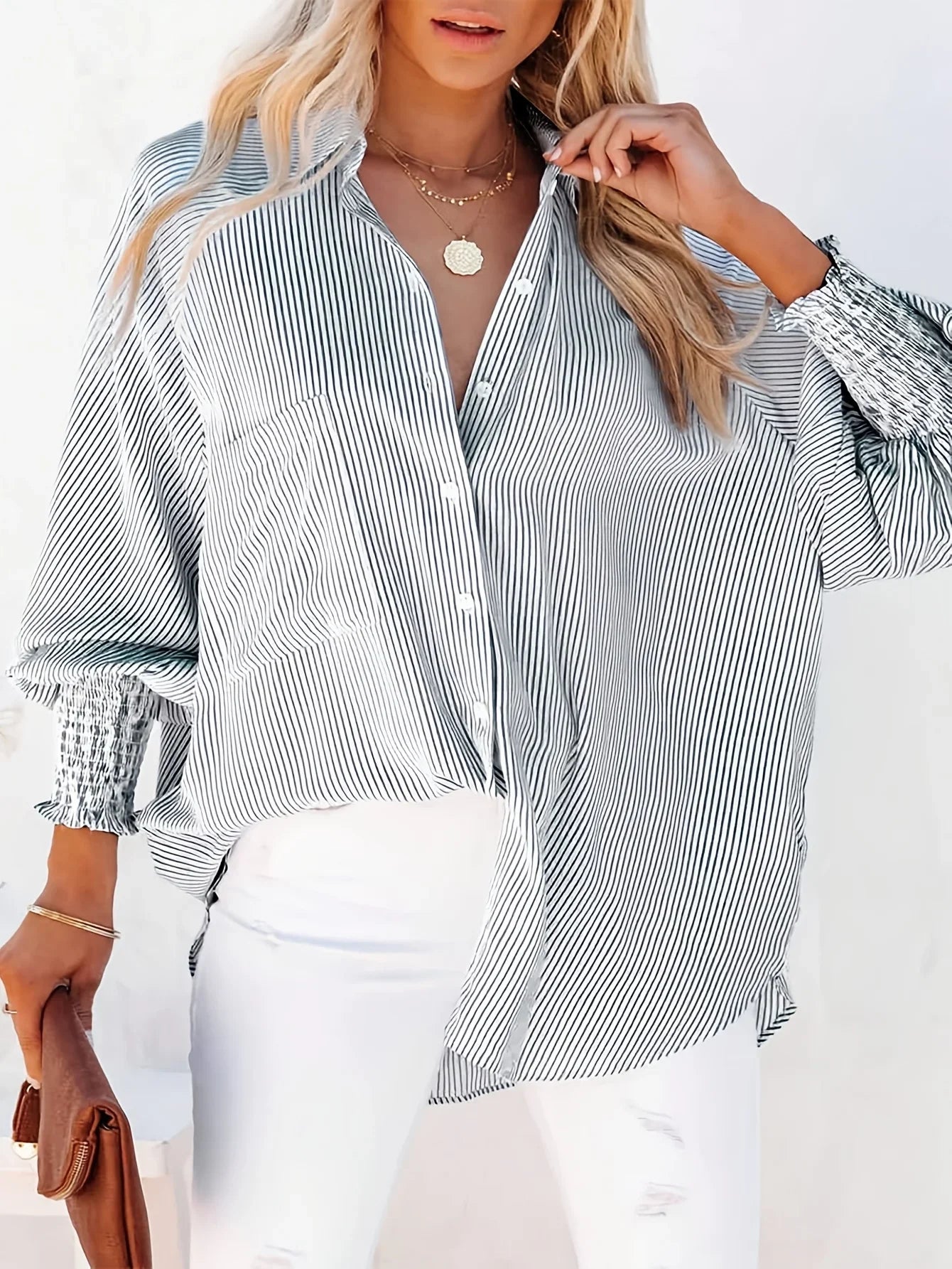 Plus Size Striped V-Neck Button-Down Blouse