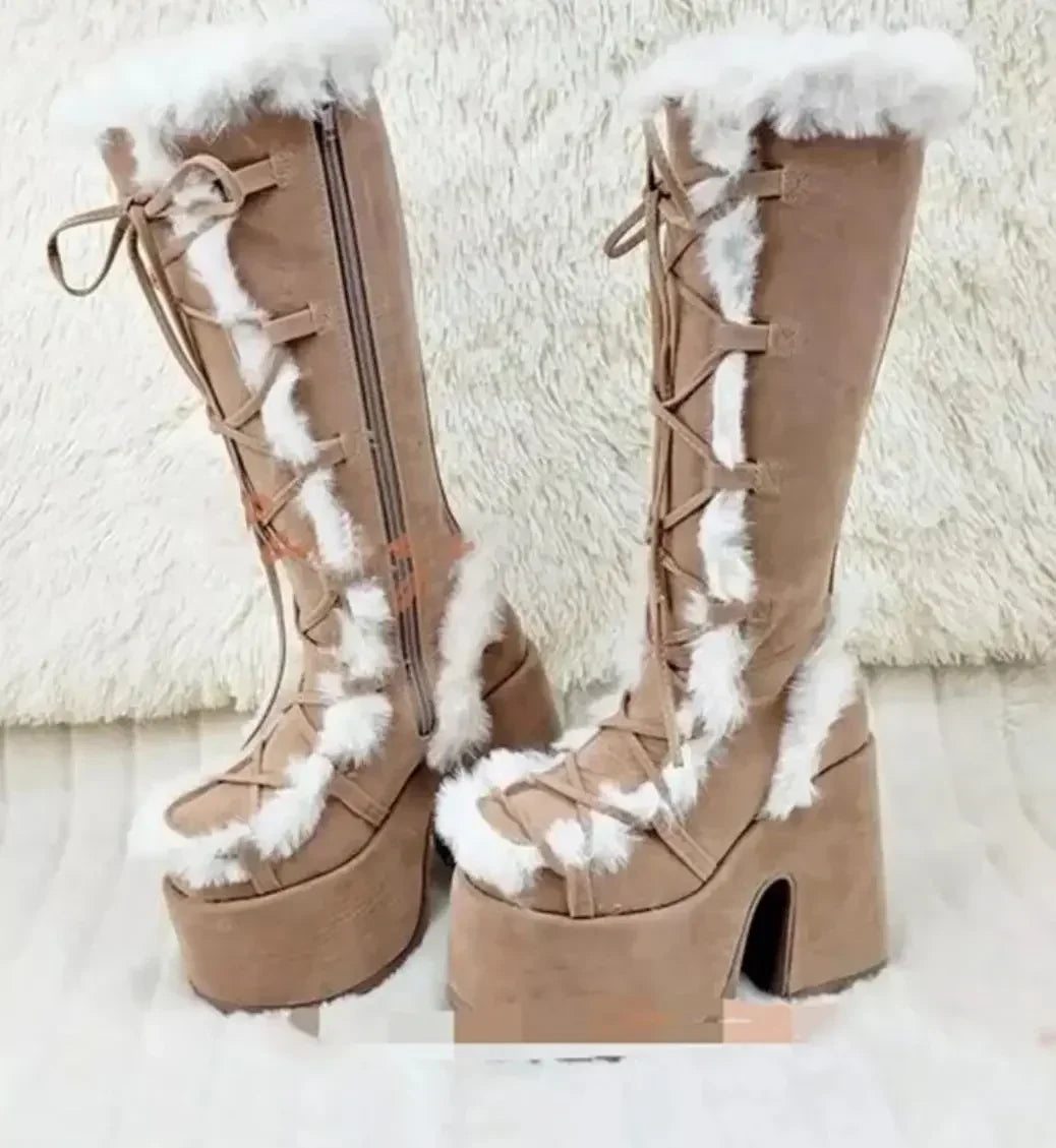 New Winter Women's Snow Boots Platform Wedge High Heel Faux Fur Womens Boots Plush Warm Non-slip Platform Boots Botas Para Mujer