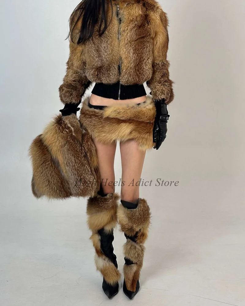 Women's Fur Heels Black Leather Knee High Boots Sexy Vintage Brown Pointy Toe Luxury Designer Long Boots 2025 New in Party Shoes