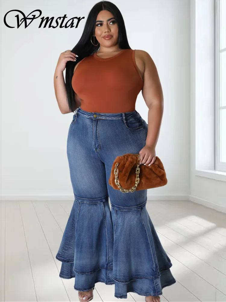 Plus-Size High-Waist Flare Jeans – Ruffled Hem Denim Pants