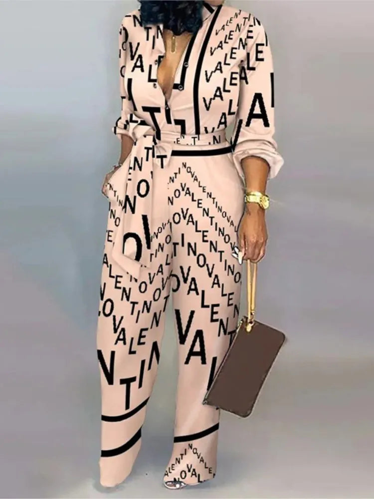 Vintage Button-Up Lace-Up Long Sleeve Jumpsuit