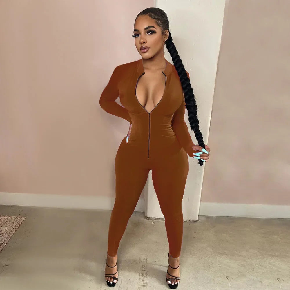 Deep V Zip-Up Bodycon Jumpsuit