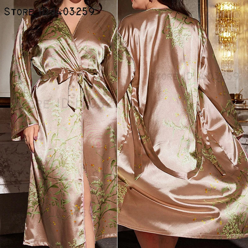 Plus Size 5XL Female Long Robe Sleepwear Spring Summer New Kimono Bathrobe Gown Loose Casual Silk Satin Home Dress Lounge Wear