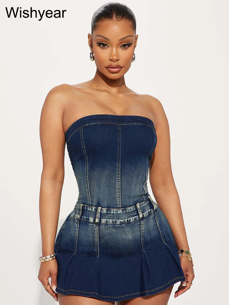 Strapless Denim Skort Romper