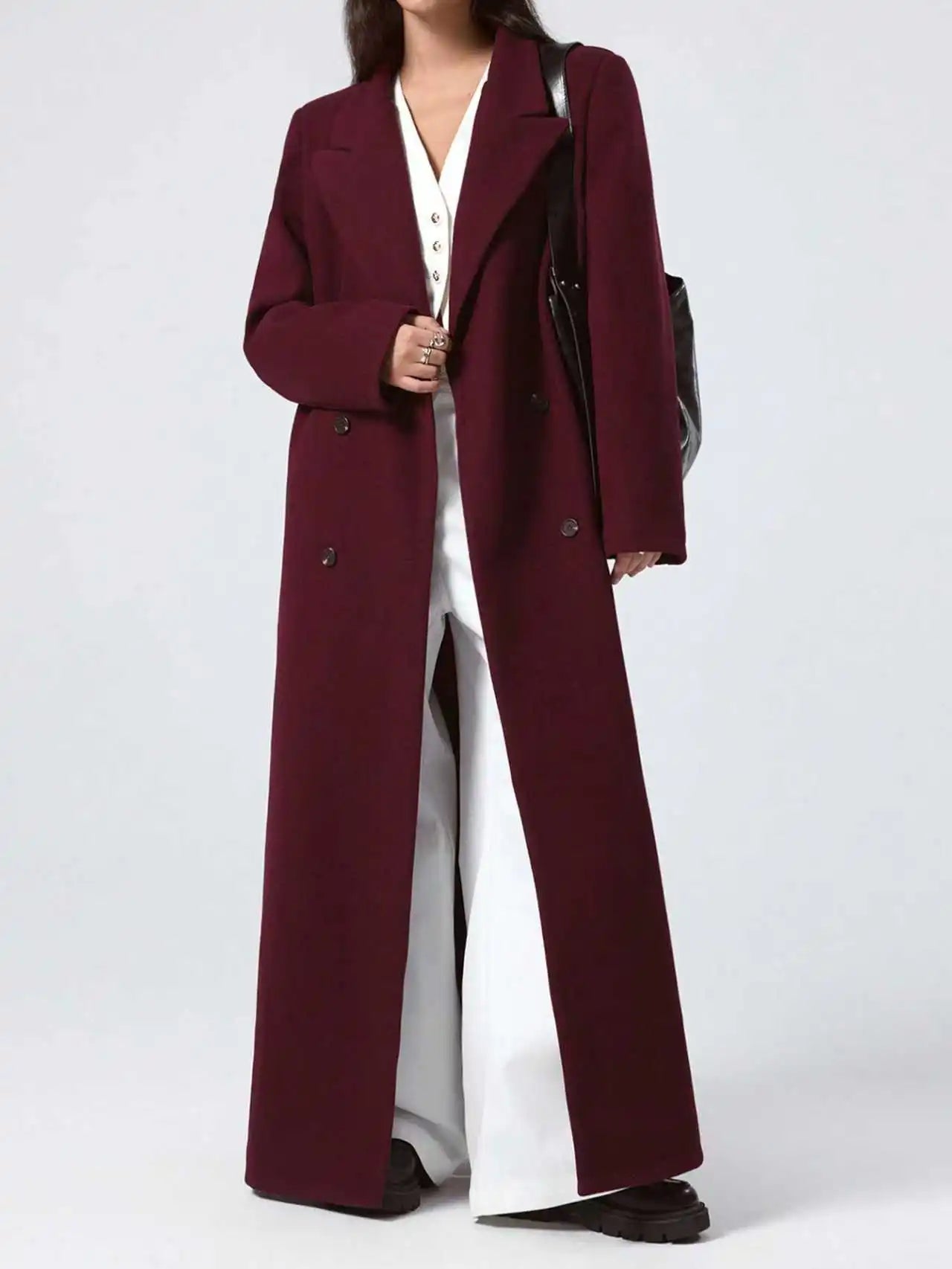 Wine-red Woolen Coat For Women, Long Autumn New Slim-fit Overcoat, Hepburn-style Knee-length Wool Coat