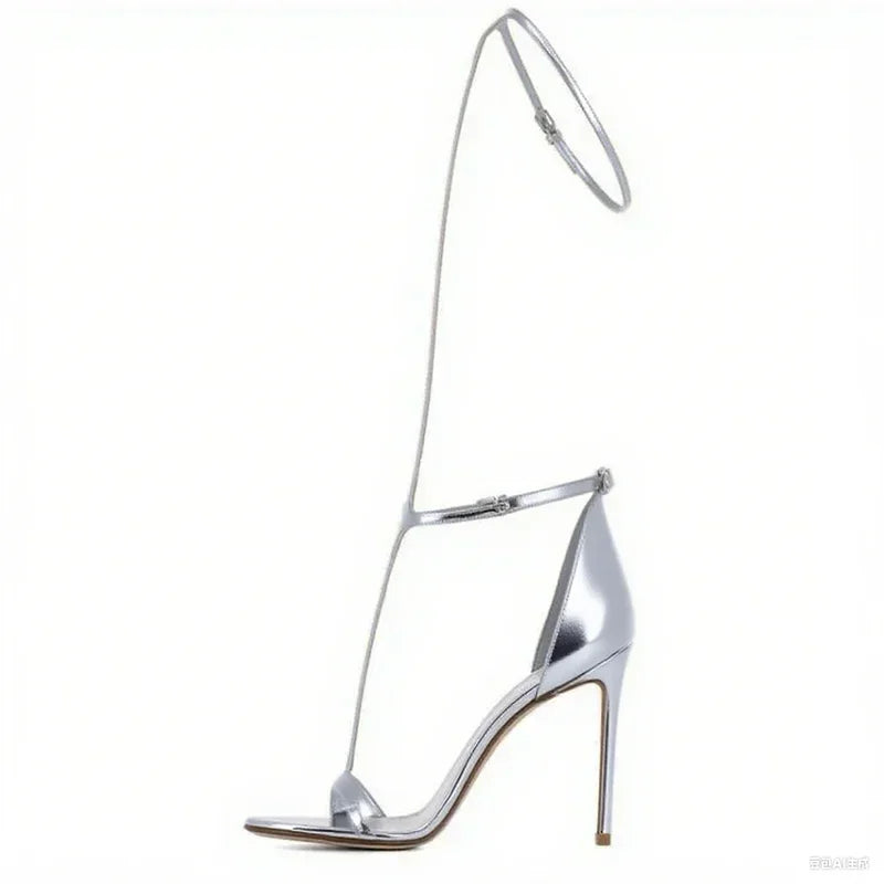 Black T- Strap Cover Heel Sandals Sexy Pointed Toe Matten Leather Ankle Buckle Strap New Arrivals Fashion Women Shoes