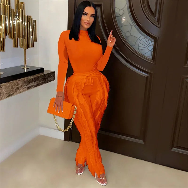 Elegant 2 Piece Sets Women Outfit 2024 Autumn Winter Long Sleeve Bodysuit Top and Tassel Pants Matching Sets Conjuntos Femininos