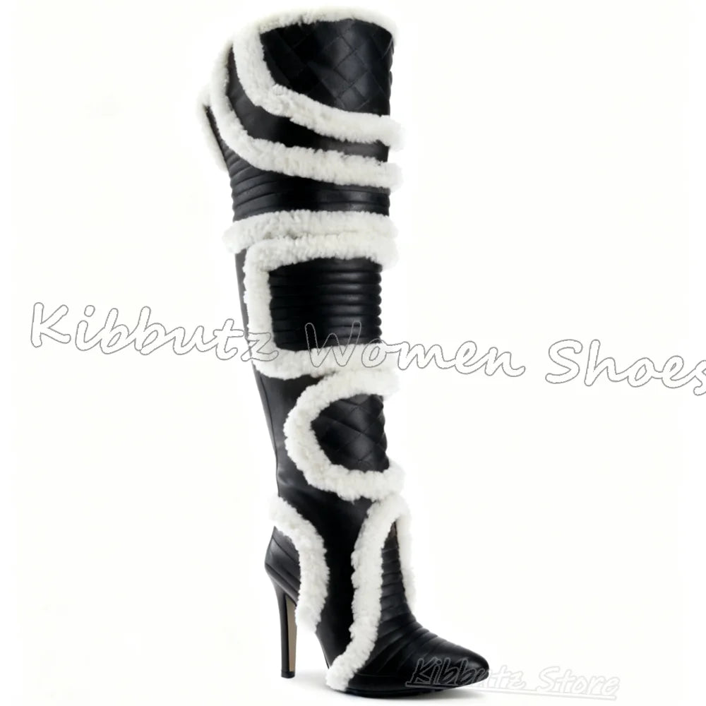 Furry Over The Knee Boots Patchwork Suede Mixed Color Novelty Fashion Luxury Elegant Concise Sexy Pointed Toe Thin Heels Newest
