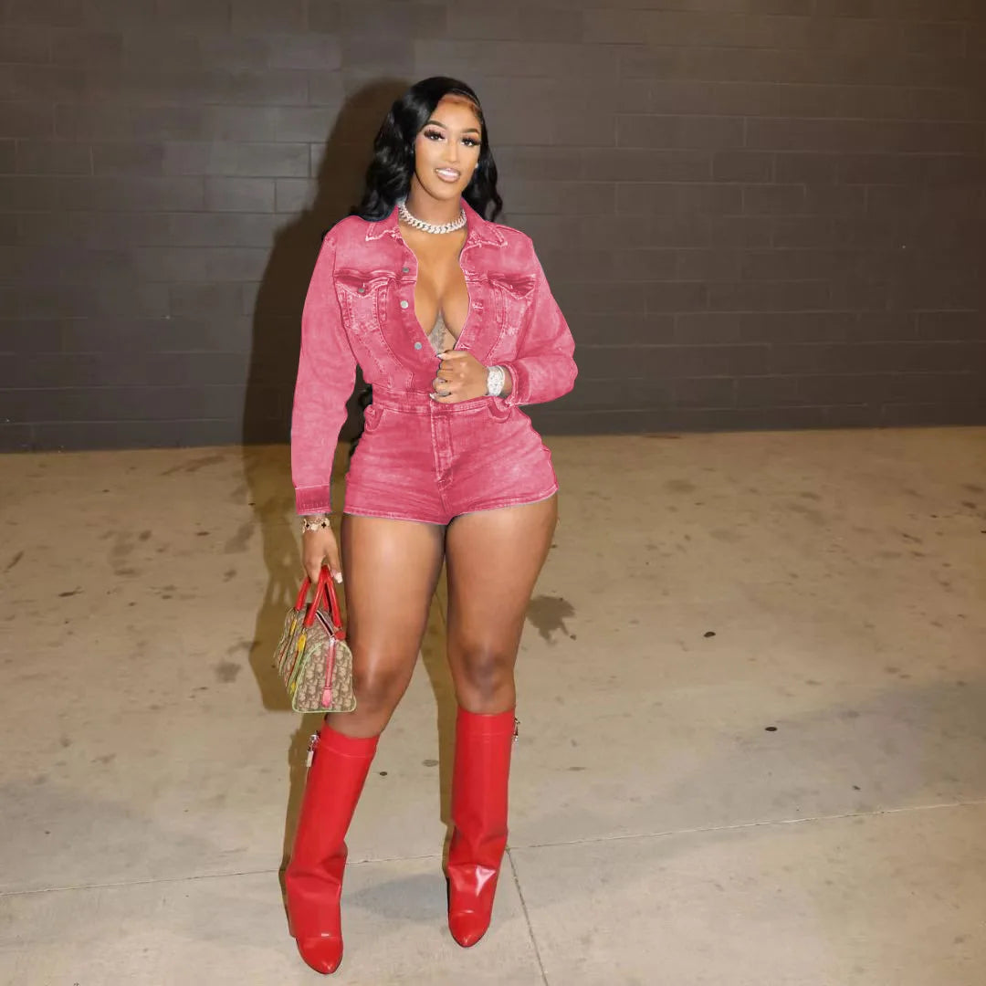 Streetwear Jeans Stretch Playsuit Sexy Women Turn Down Collar Elegant Denim Club Romper Overalls