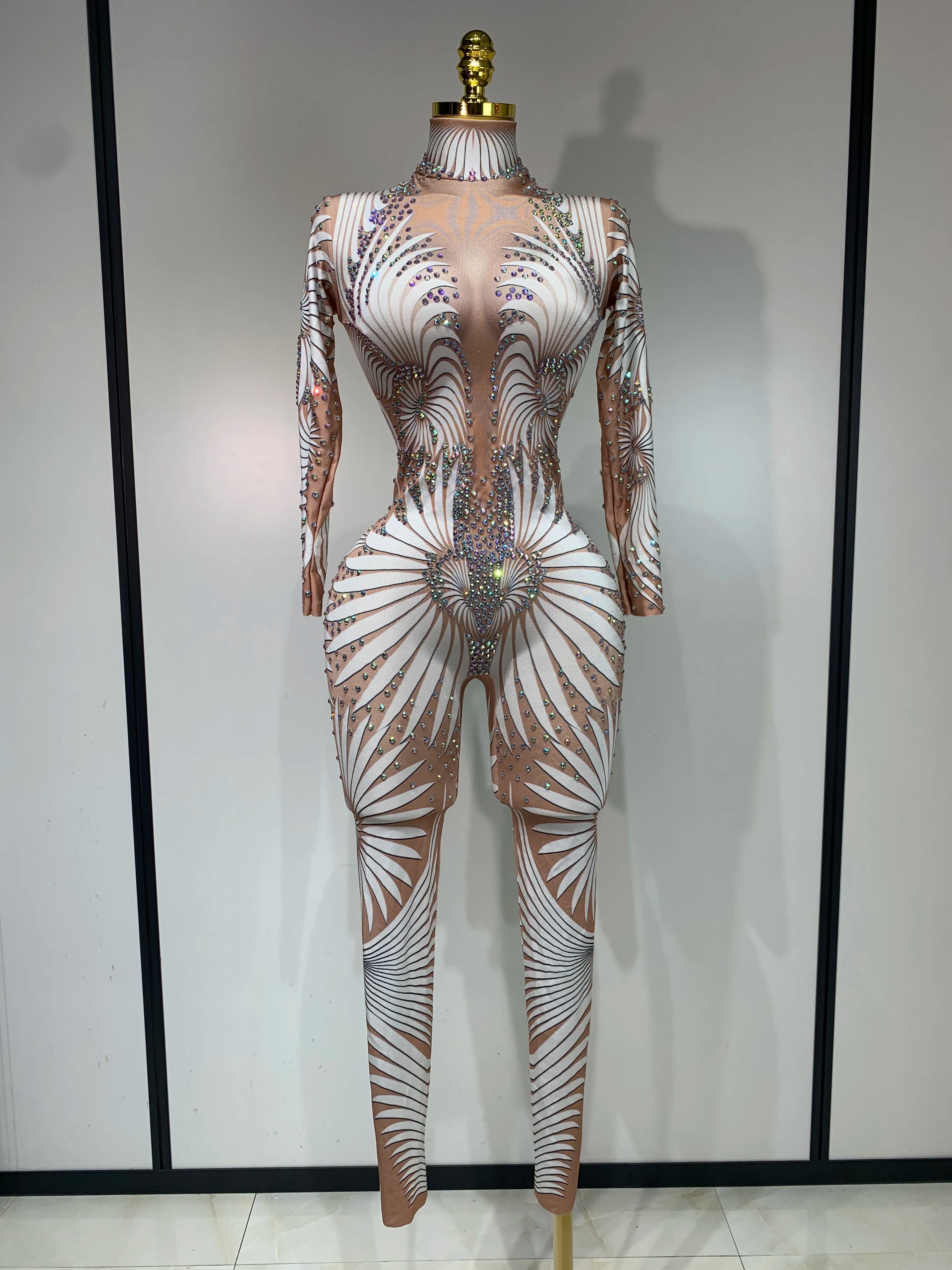 Rhinestone Print Long Sleeve Performance Jumpsuit